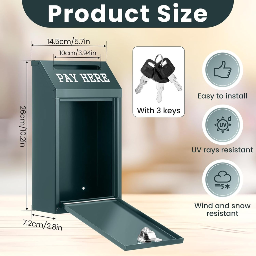 Safe Cash Box Money Collection Metal Donation Box with Lock Wall Mount Pre Drilled Mailbox Delivery Ballot for Home Office Outdoor Self Serve Stand(Dark Green,10.2 x 5.7 x 2.8 Inch)
