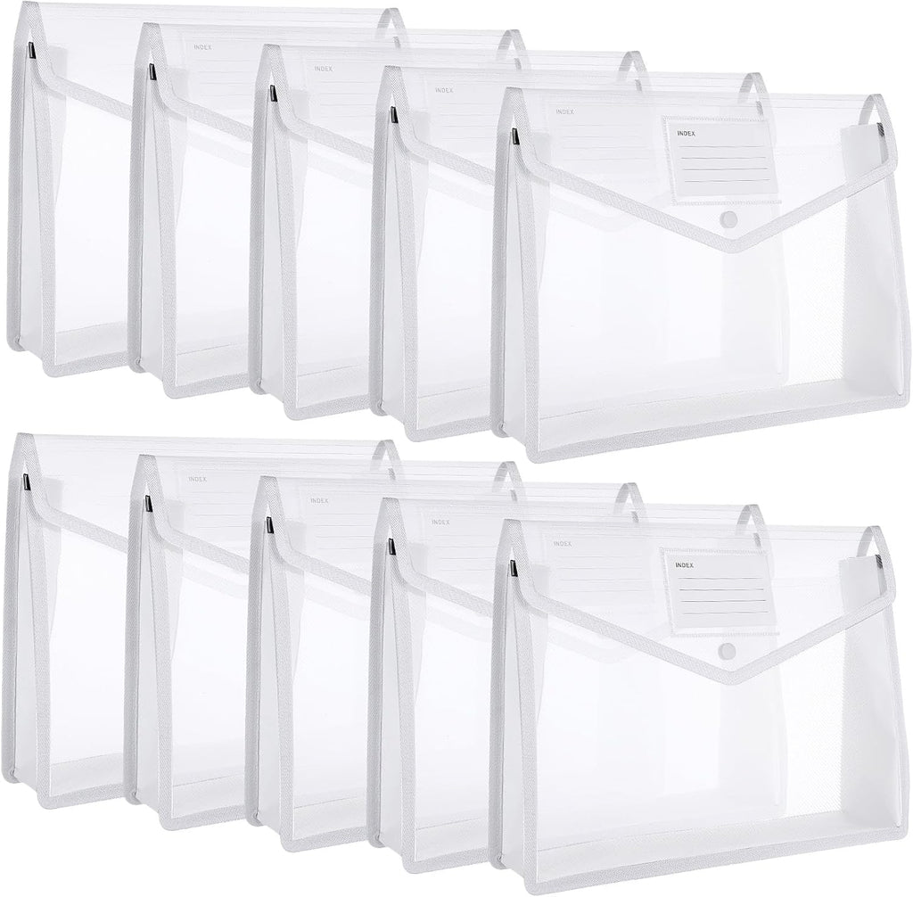 10 Pieces Plastic File Folders Envelope Expanding File Wallet Organizer Documents Folder with Snap Closure and Pocket, A4 Size Waterproof Transparent Pouch(White,Horizontal)