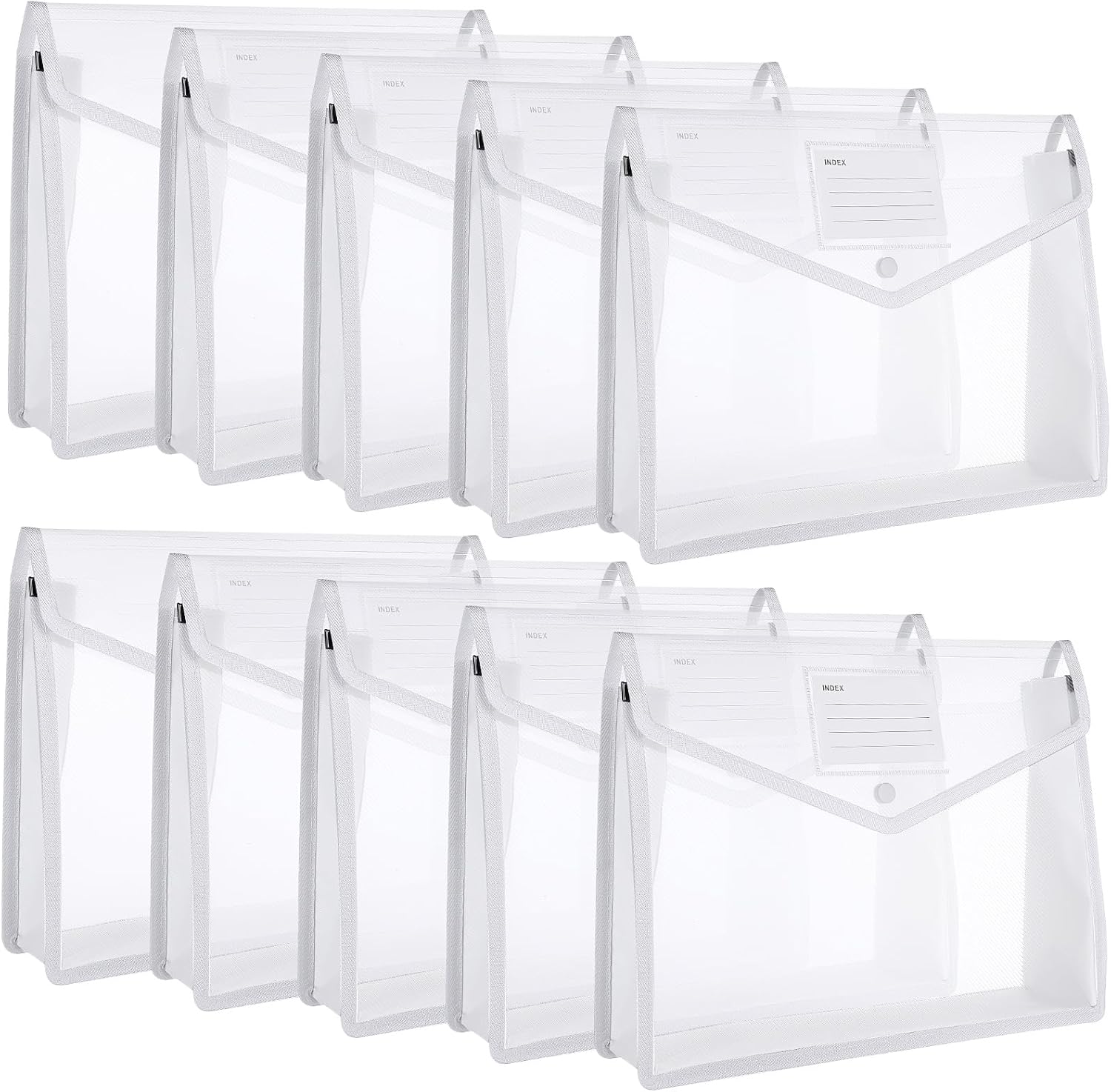 10 Pieces Plastic File Folders Envelope Expanding File Wallet Organizer Documents Folder with Snap Closure and Pocket, A4 Size Waterproof Transparent Pouch(White,Horizontal)