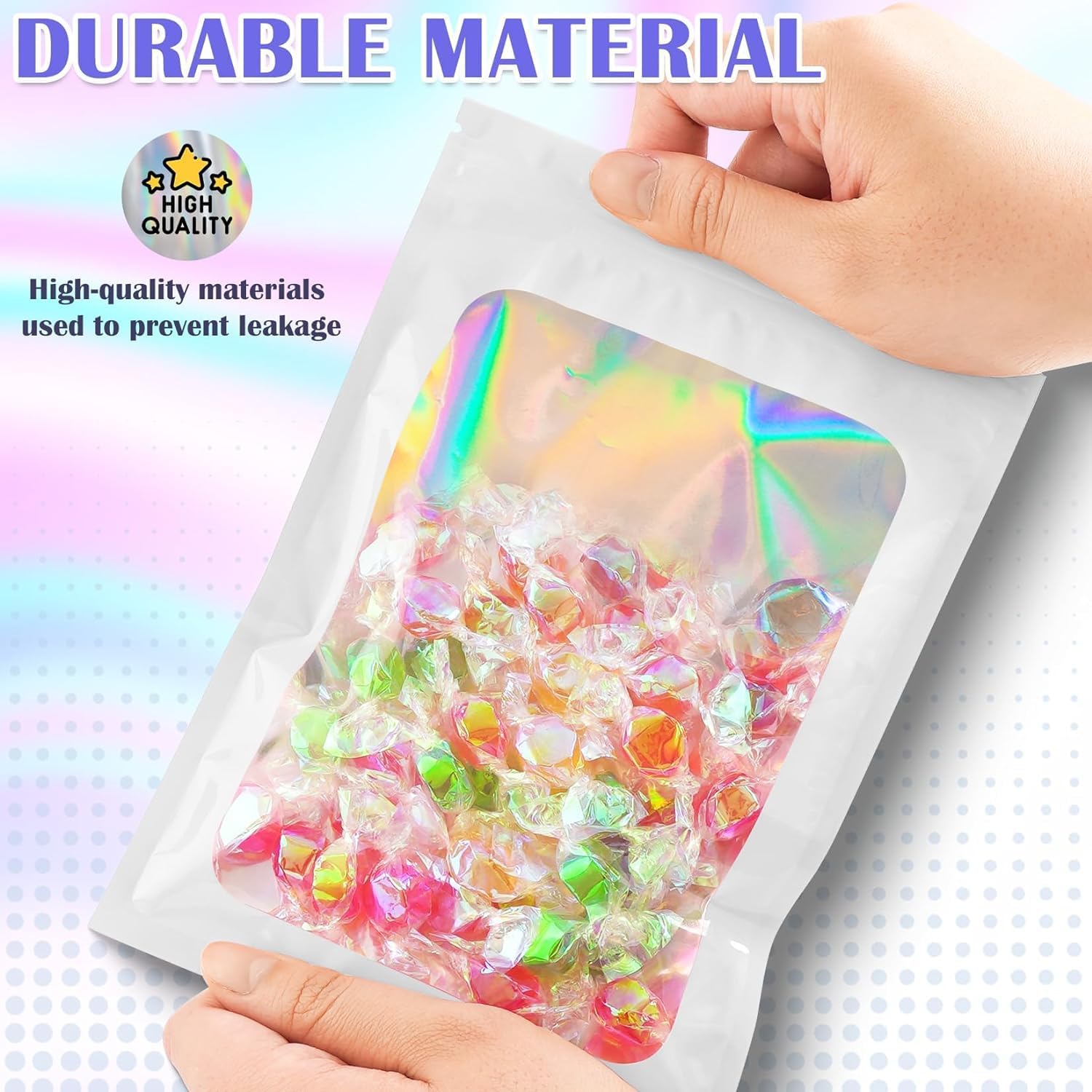 300 Pcs Mylar Bags, Smell Proof Bags Foil Pouch, Holographic Resealable Bags for Small Business, Candy Sample Jewelry Bag Sealable Packaging for Party Favor Food Storage (5.5x7.9in-White)