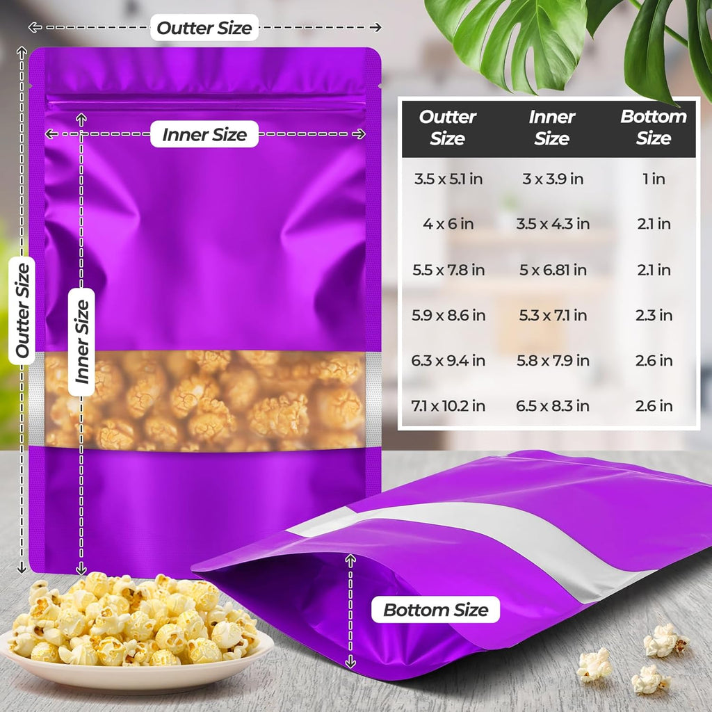 Funfery 100 Pcs Smell Proof Packaging Bags,Mylar Clear Bags for Food Storage,Sealable Bag for Packaging,Stand Up Pouches with Window,ReSealable Bag for Small Business,Cookies,Candy(Purple,4x6in)