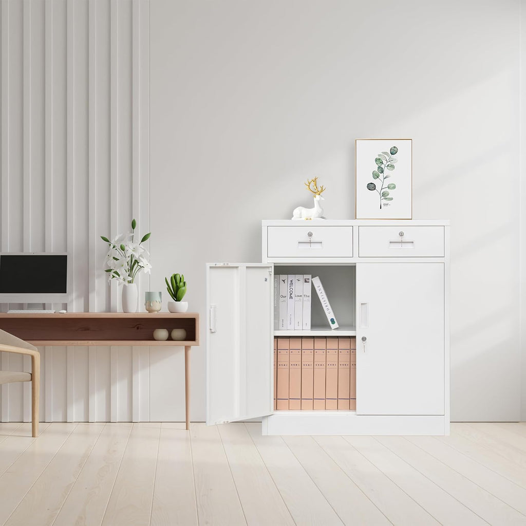 CMY Metal Storage Cabinet with Two Drawers, 36" H Steel Cabinets with Adjustable Shelf, Locking Storage Cabinet for Office, Garage, Home-White