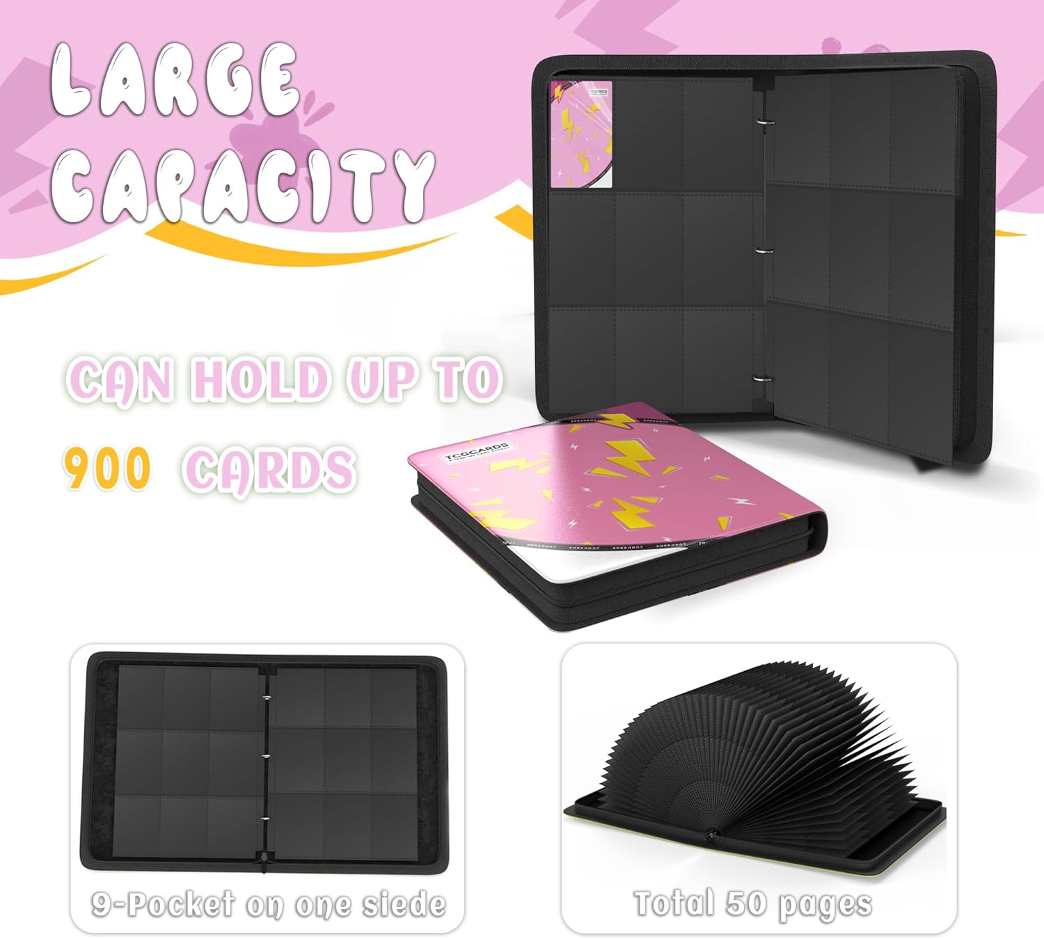 Trading Card Binder 9 Pocket，Card Binder 900 Pockets Card Book Holder Cards with 50 Removable Sleeves，3-Ring Zip Design MTG/TCG/Sport Collectible Trading Card Albums Gifts for Boys and Girls (Pink)