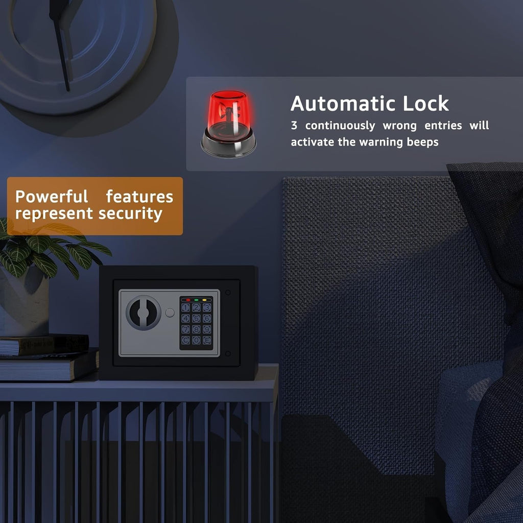 PATRON Small Safe Box for Money with Code and Keys，Solid Mini Safe for Kids with Digital Electronic Security Keypad for Home Office Hotel,Personal Money Safes for Cash,0.236 Cuft (Black)