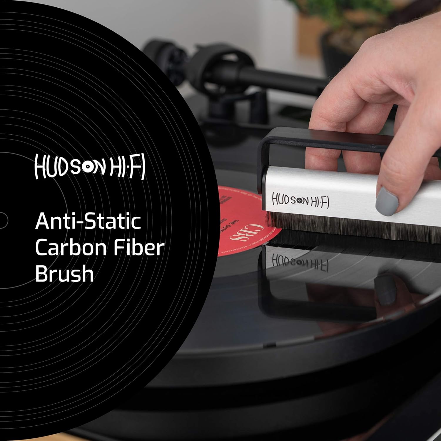 Hudson Hi-Fi Vinyl Record Brush w/Anti-Static Carbon Fiber Bristles - Precision-Made, Gentle & Effective Record Cleaning Brush for LPs