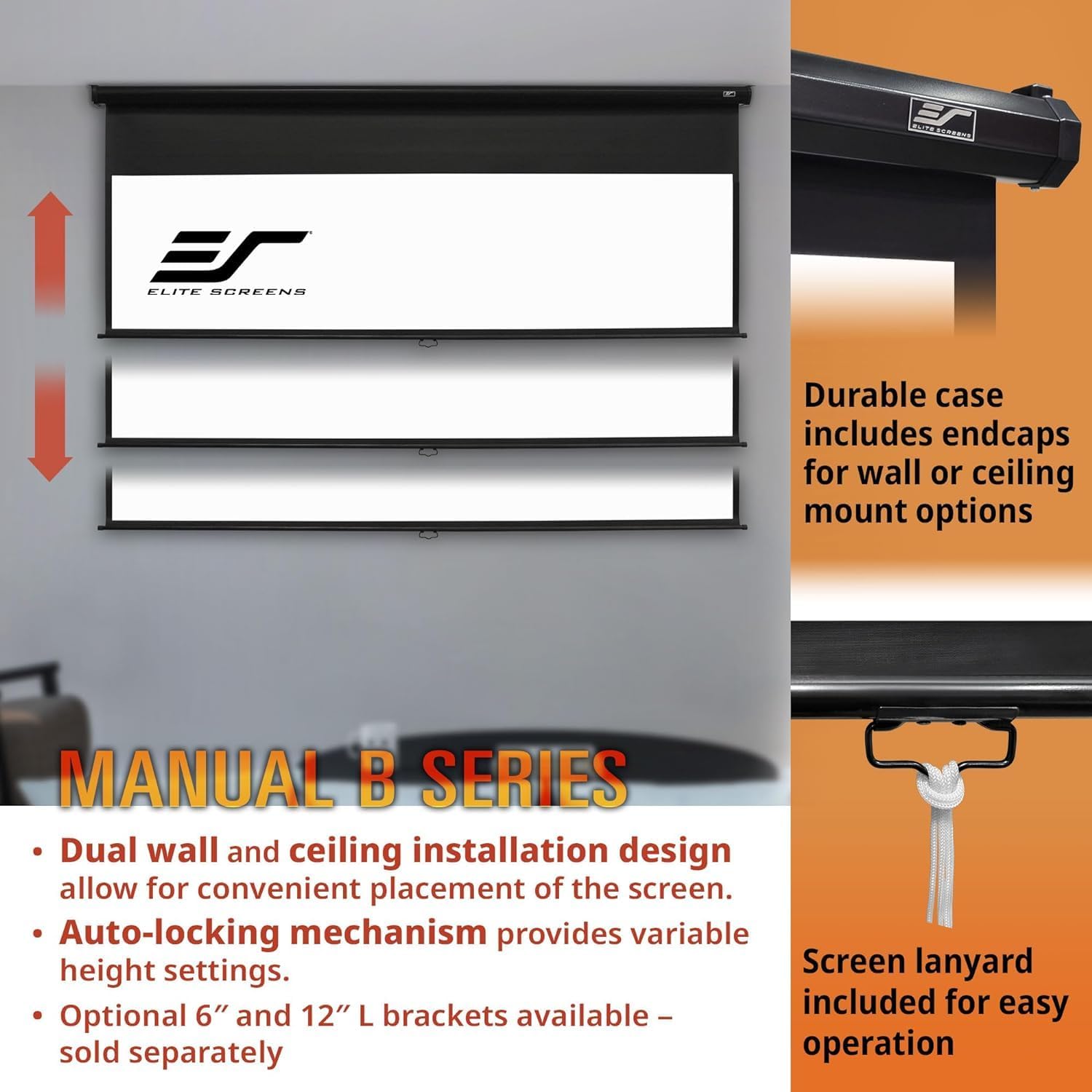 Elite Screens Manual B, 120-INCH, 16:10 aspect ratio, Manual Pull Down Projector Screen 4K / 8K Ultra HDR 3D Ready with Auto-Lock Mechanism, 2-YEAR WARRANTY, M120X