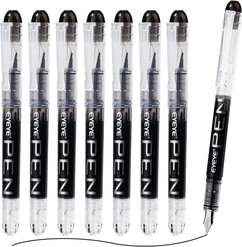 EYEYE Disposable Fountain Pens Fine Point, 8 Pack Black Calligraphy Pens for Writing, Stainless Steel Nib, Smooth Writing for Journaling, Drafting, Sketching, Doodling & Office Supplies