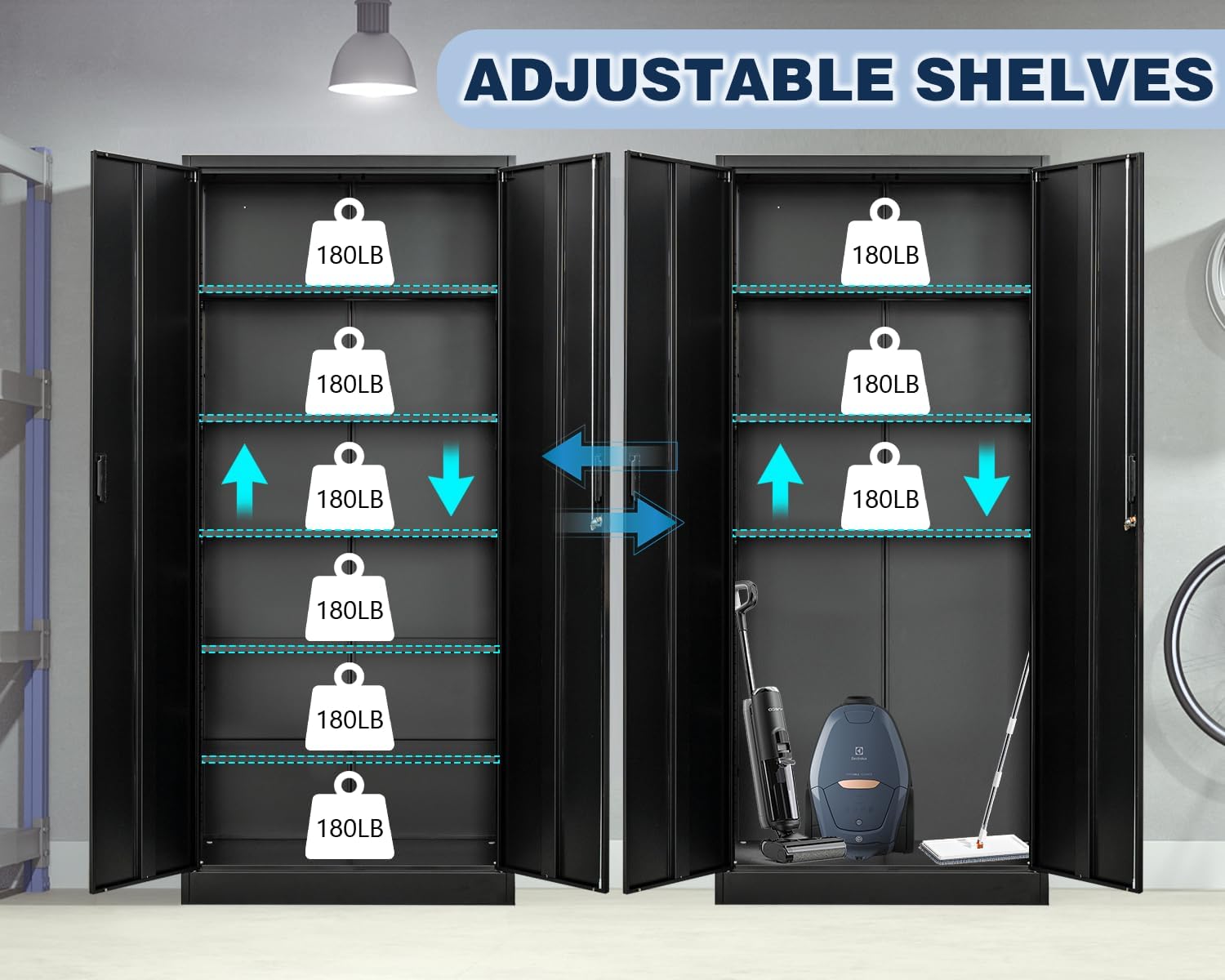 BESFUR Metal Cabinet with 5 Adjustable Shelves and Doors, Locking Storage Cabinet for Garage, Classroom and Office - Black