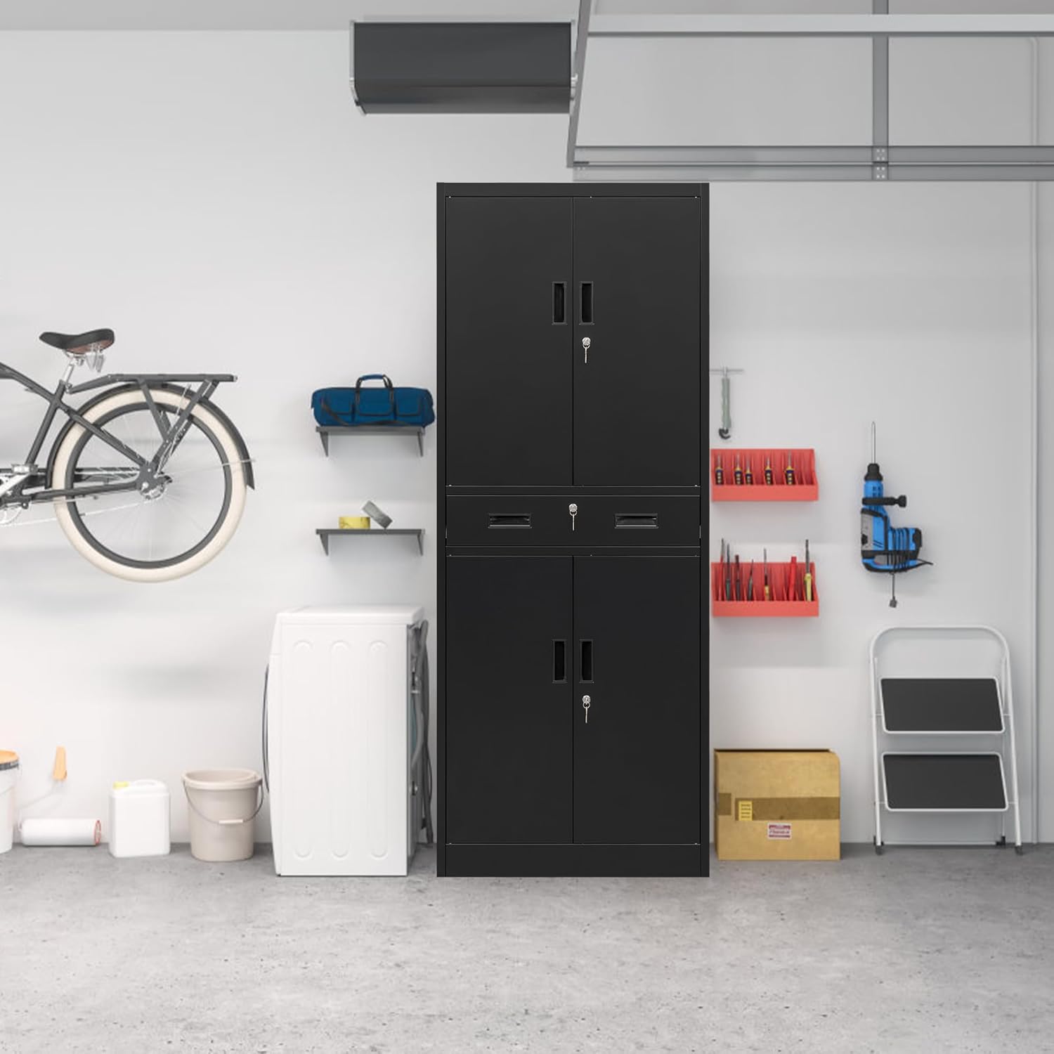 CMY Metal Storage Cabinet, 71" H x 28" W x 16" D Locking Storage Cabinet with Adjustable Shelves and One Drawer, Steel Cabinets for Office, Garage, Home, School, Utility Room(Black)