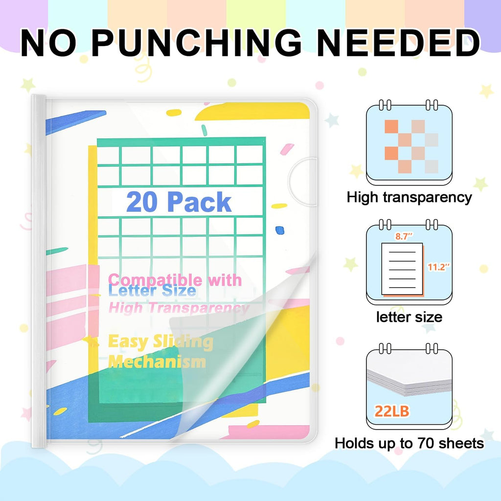 TOTiyea 20 Pack Clear Report Covers with Sliding Bars, 9mm (70 Sheet Capacity) White Sliding Bar File Folders, for Letter Size