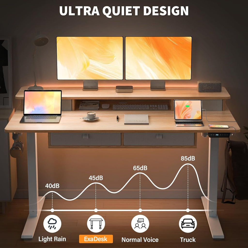 Electric Standing Desk, 63 * 30 Inches Adjustable Height with 4 Drawers, Double Storage Shelves, Home Office Workstation Sit Stand up Desk (Nature)