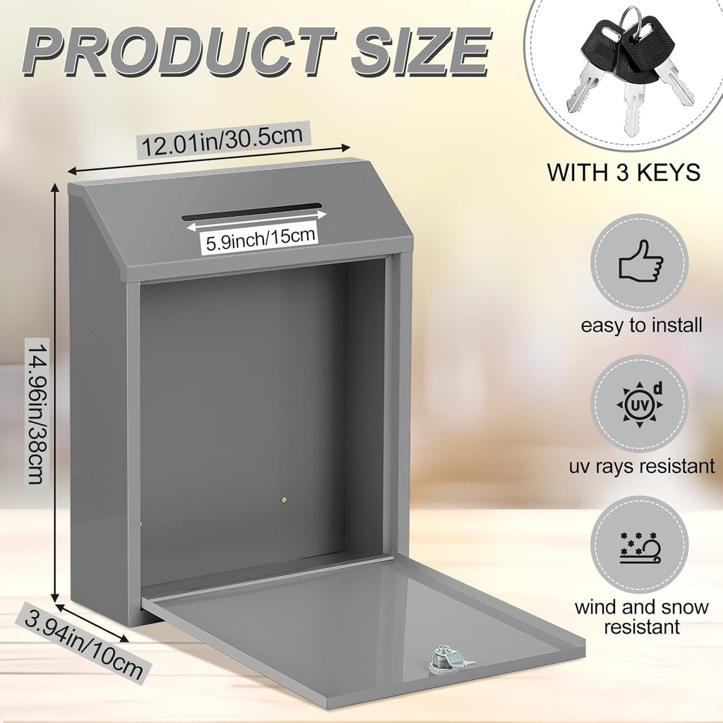 Metal Donation Cash Box Collection Safe Suggestion Box with Lock Wall Mounted Mailbox Delivery Ballot Container for Home Office Outdoor Door(Grey,15 x 12 x 4 Inch)