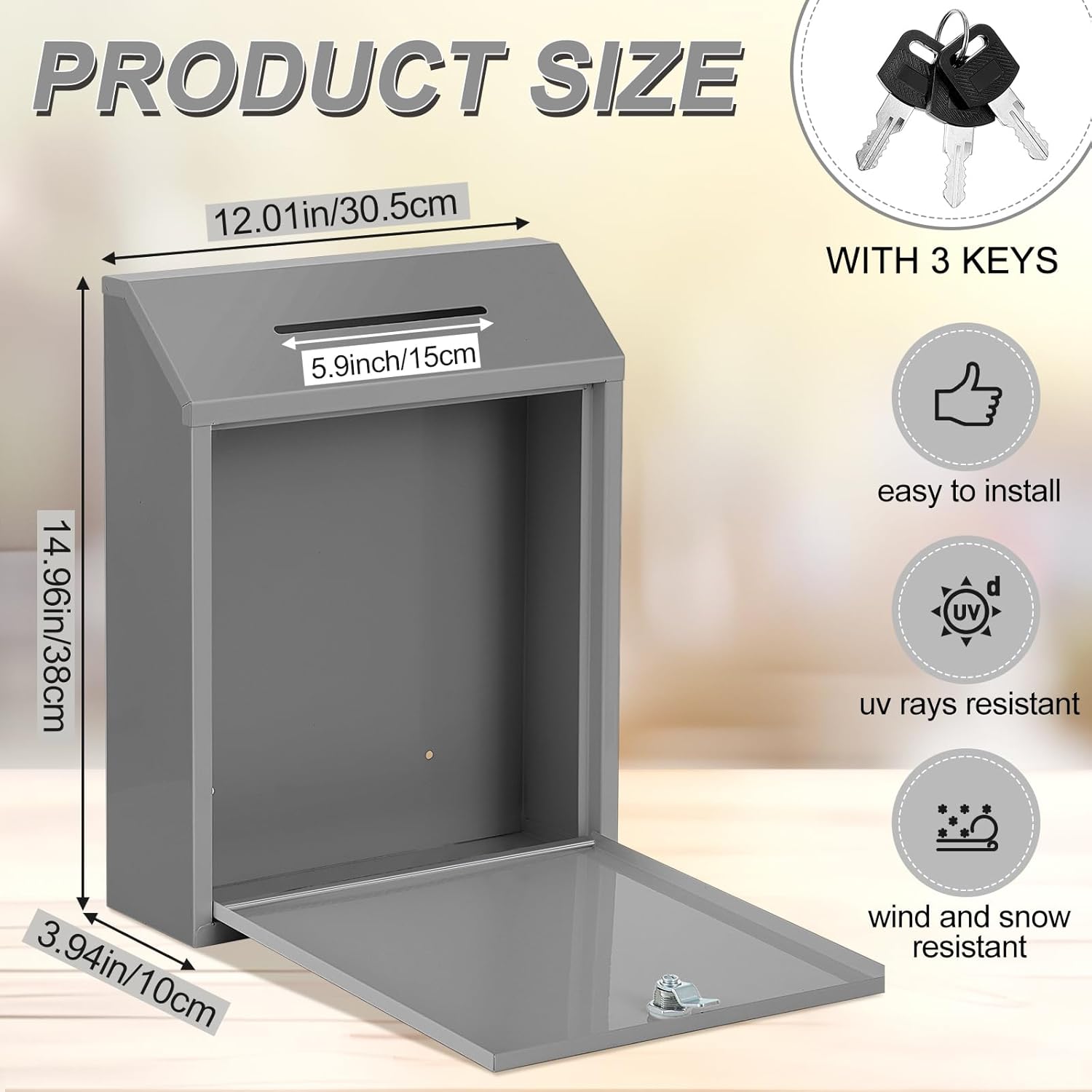 Metal Donation Cash Box Collection Safe Suggestion Box with Lock Wall Mounted Mailbox Delivery Ballot Container for Home Office Outdoor Door(Grey,15 x 12 x 4 Inch)