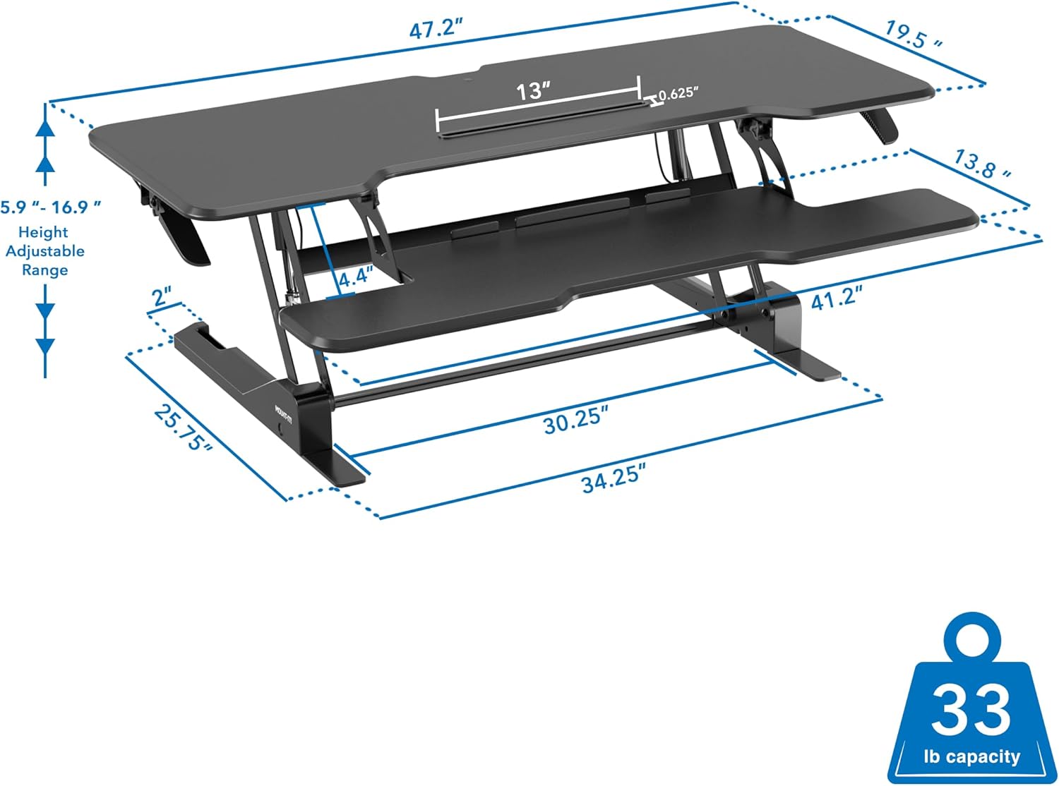 Mount-It! 47" Standing Desk Converter, Large Wide Tabletop Height Adjustable Desk Riser with Gas Spring, Desktop Sit Stand Up Desk with Keyboard Tray Fits 2 Monitors or Monitor and Laptop, Black