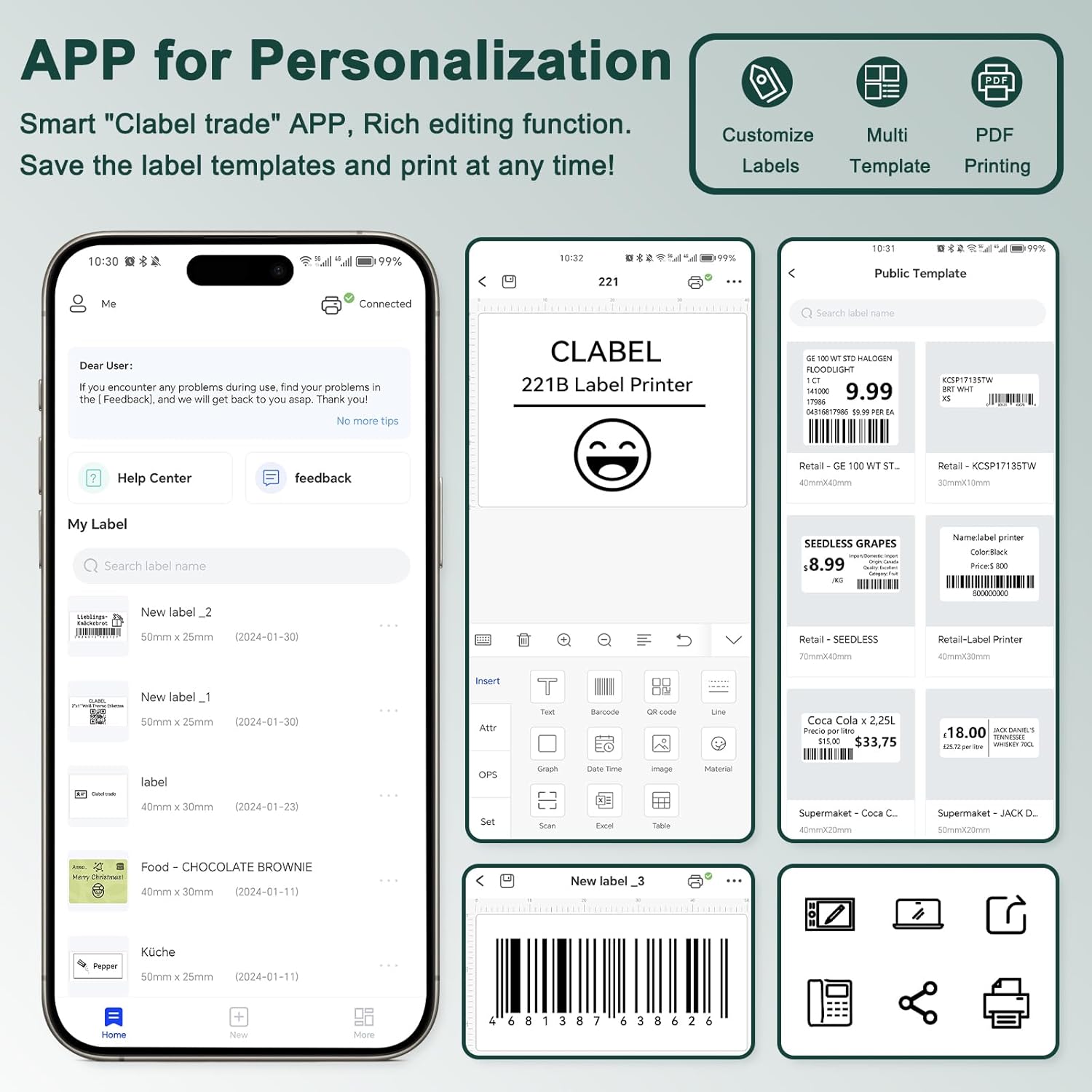 CLABEL Thermal Label Maker Machine 221B Mini Portable Label Printer Thermal Labeling Printing Machine Sticker Bluetooth Label Printer Barcode Inkless Labelmaker for Price Logo Clothing (Gray White)
