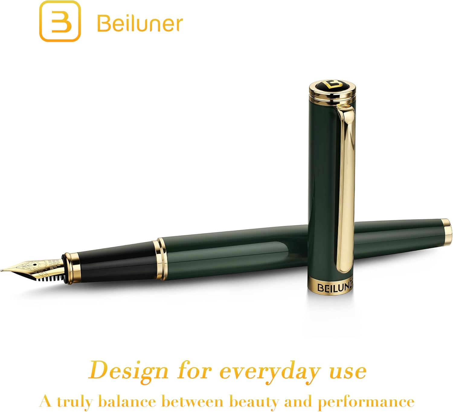 BEILUNER British Racing Green Fountain Pen,Stunning Luxury Pens with 24K Gold Accents, Gorgeous 24K Gilded Nib(Fine), Ink Converter,Fancy Pen Gift for Men&Women-Smooth, Office, Nice for Writing