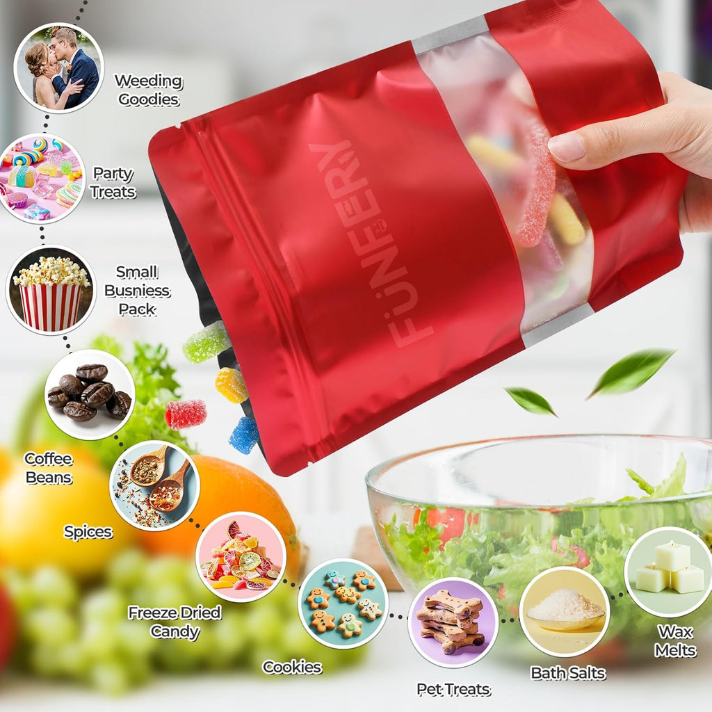 Funfery 100 Pcs Smell Proof Packaging Bags,Mylar Clear Bags for Food Storage,Sealable Bag for Packaging,Stand Up Pouches with Window,ReSealable Bag for Small Business,Cookies,Candy(Red,4x6in)