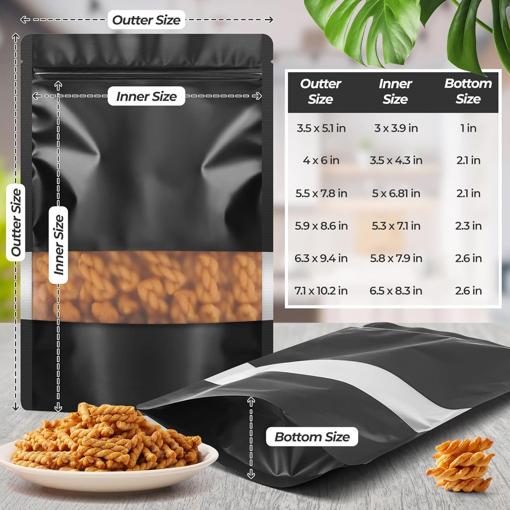 Funfery 100 Pcs Smell Proof Packaging Bags,Mylar Clear Bags for Food Storage,Sealable Bag for Packaging,Stand Up Pouches with Window,ReSealable Bag for Small Business,Cookies,Candy(Black,6.3x9.4in)