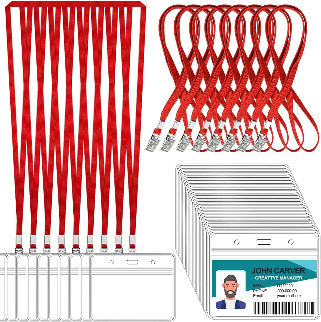 100 Pcs Clear Horizontal Badge Id Card and 100 Pcs Lanyard, Reusable Lanyards for Id Badge Holder Name Tag Badge Holder with Lanyards for Adults Kids Business School Conferences (Red)