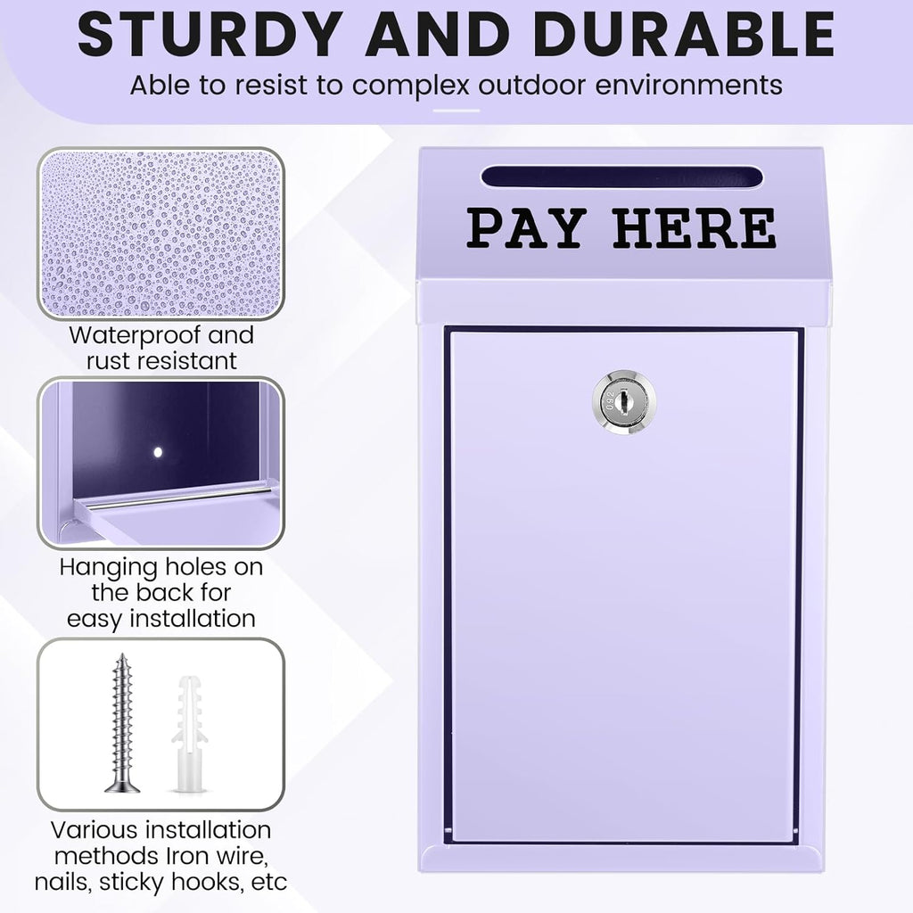 Safe Cash Box Money Collection Metal Donation Box with Lock Wall Mount Pre Drilled Mailbox Delivery Ballot for Home Office Outdoor Self Serve Stand (Morandi Purple,10.2 x 5.7 x 2.8 Inch)