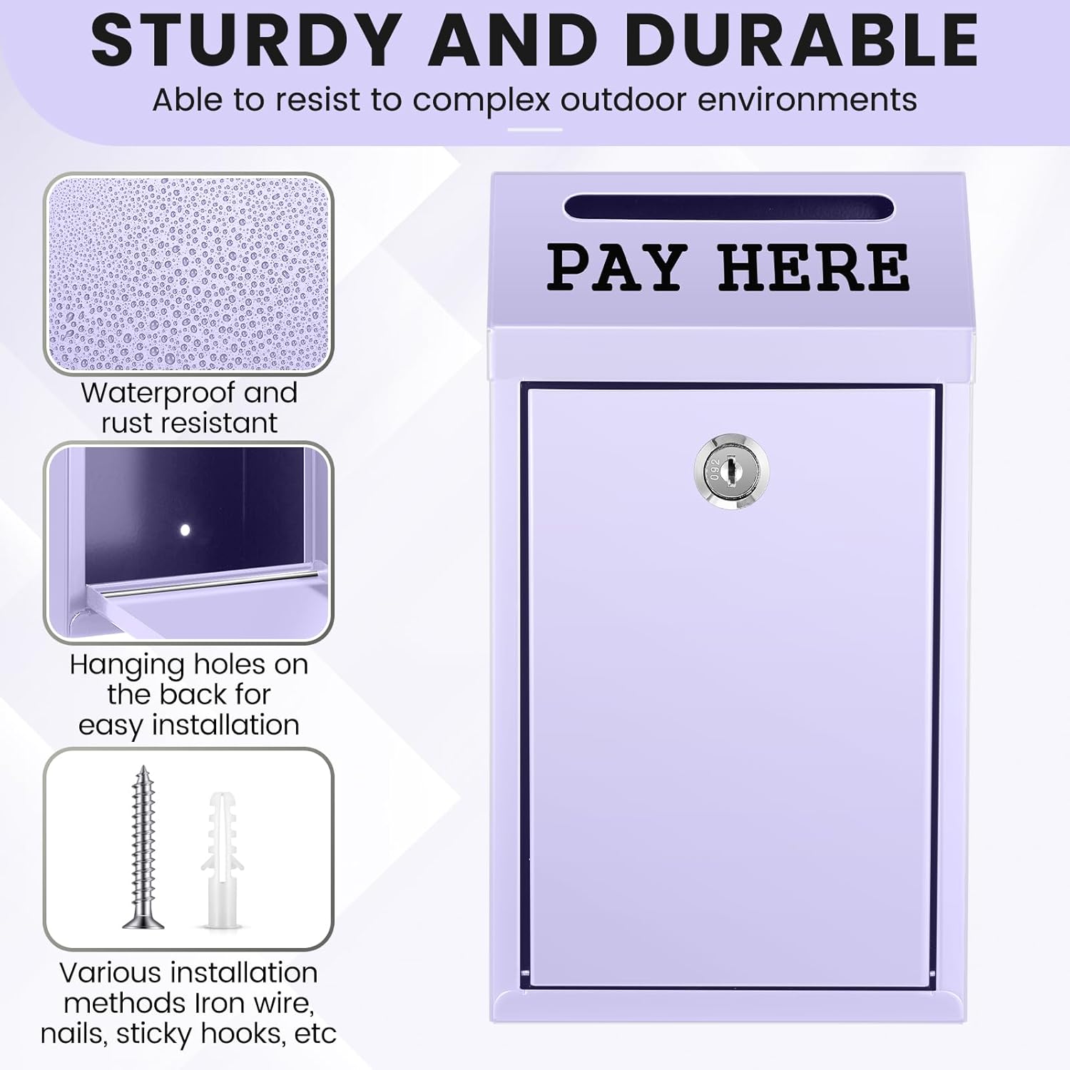 Safe Cash Box Money Collection Metal Donation Box with Lock Wall Mount Pre Drilled Mailbox Delivery Ballot for Home Office Outdoor Self Serve Stand (Morandi Purple,10.2 x 5.7 x 2.8 Inch)