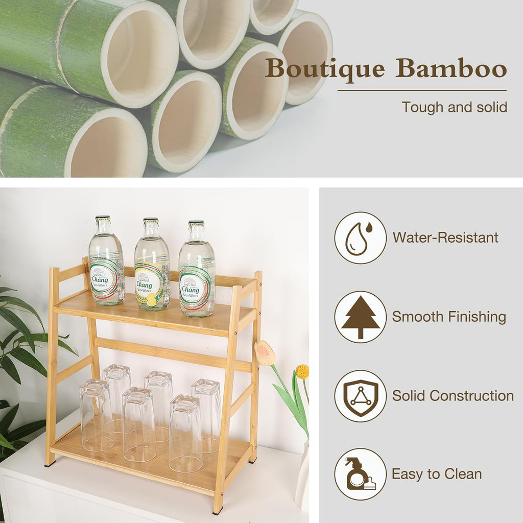 Countertop Organizer Bamboo Spice Rack 2-Tier Desktop Bookshelf Wooden Storage Stand for Kitchen, Office and Dorm, Desk Organizer for Books and Decor (Small)