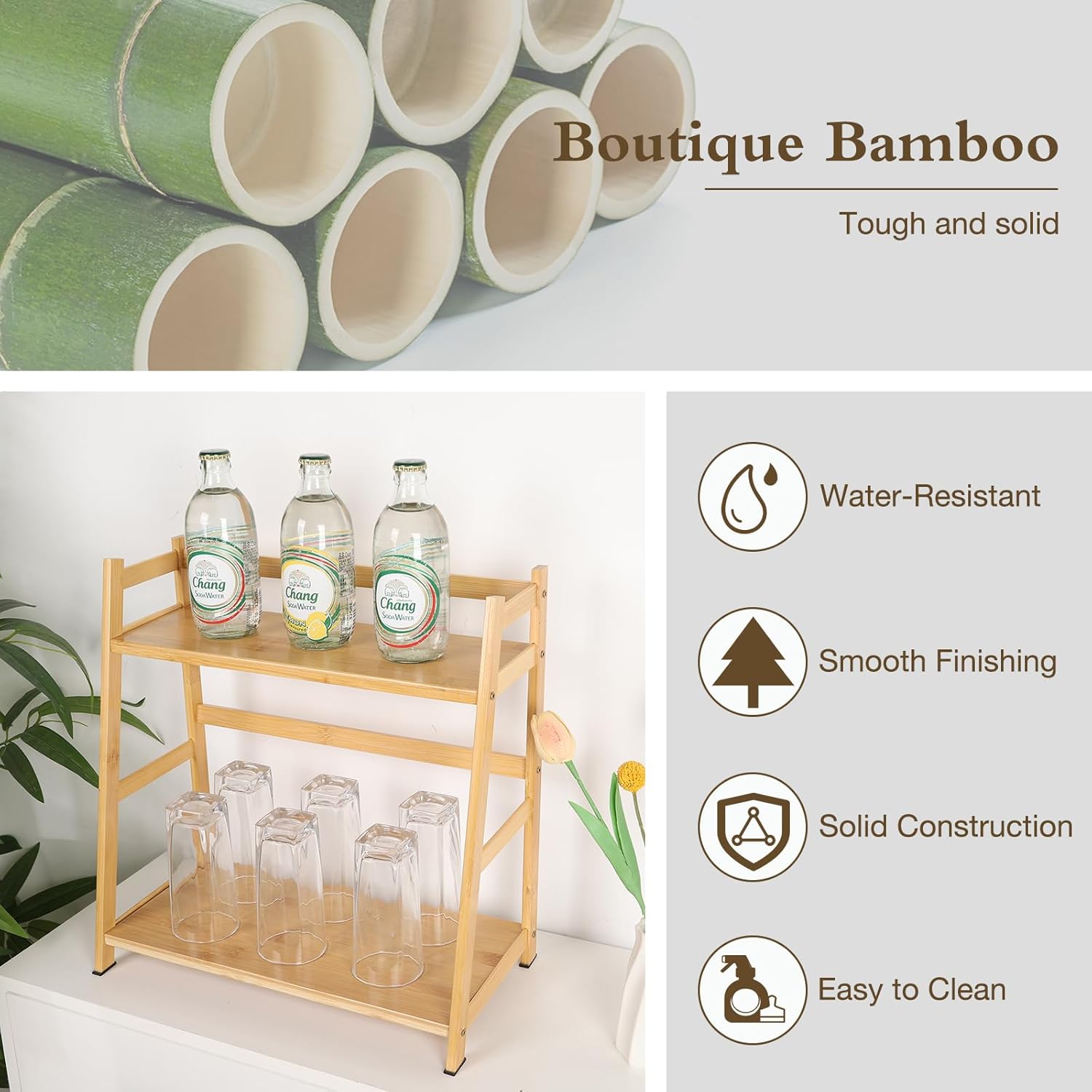 Countertop Organizer Bamboo Spice Rack 2-Tier Desktop Bookshelf Wooden Storage Stand for Kitchen, Office and Dorm, Desk Organizer for Books and Decor (Small)