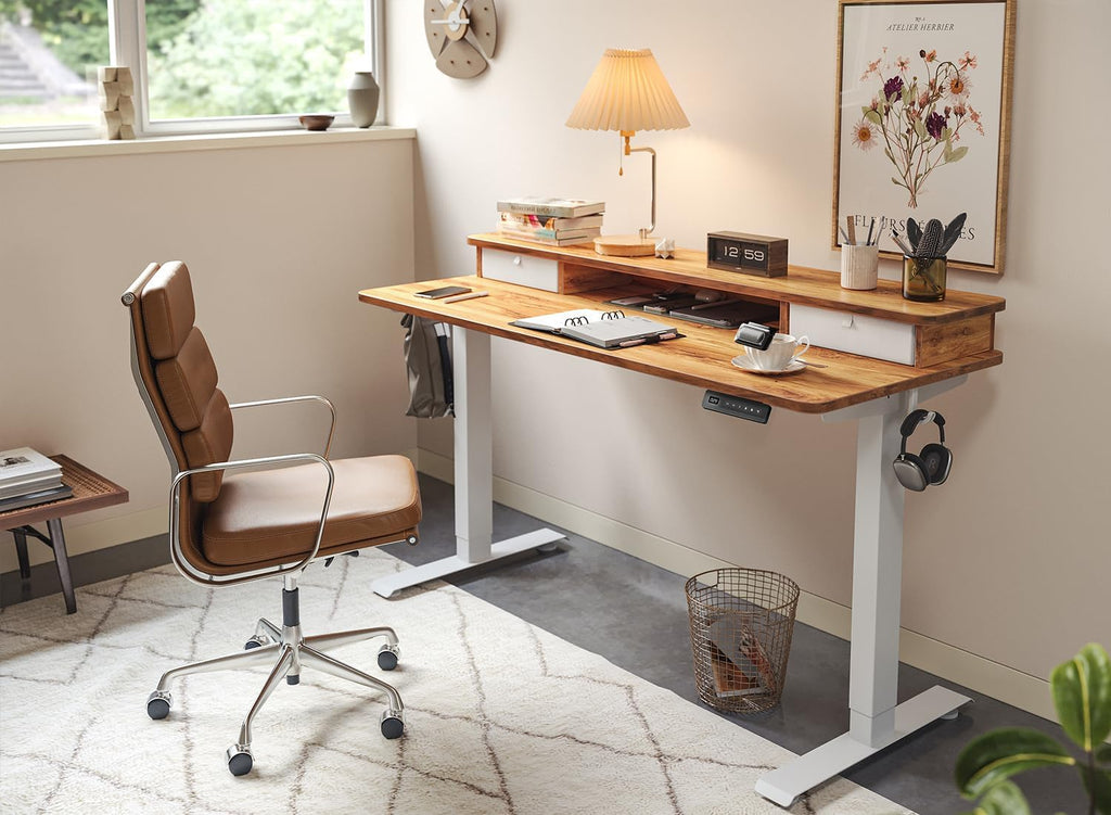 FEZIBO 48 x 24 Inch Height Adjustable Electric Standing Desk with Double Drawer, Computer Desk, Home Office Stand Up Table with 4 Height-Adjustable Feets & 2 Hooks, Light Rustic