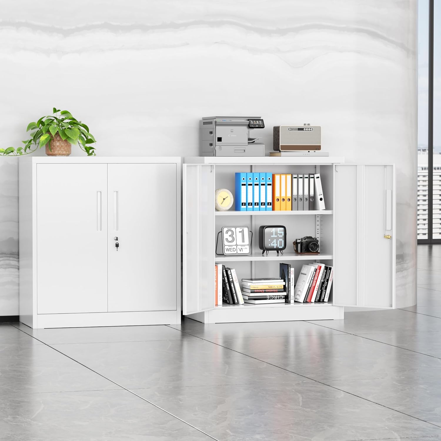 SUNCROWN 36” Metal Storage Cabinets with Doors and 2 Adjustable Shelves, Locking Tool Garage Cabinet, File Cabinets for Home & Office (White)