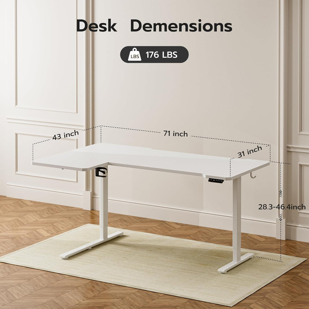 71" Reversible L-Shaped Electric Standing Desk Adjustable Height Gaming Stand Up Corner Desk Sit Stand Home Office Computer Desk with Splice Board, White
