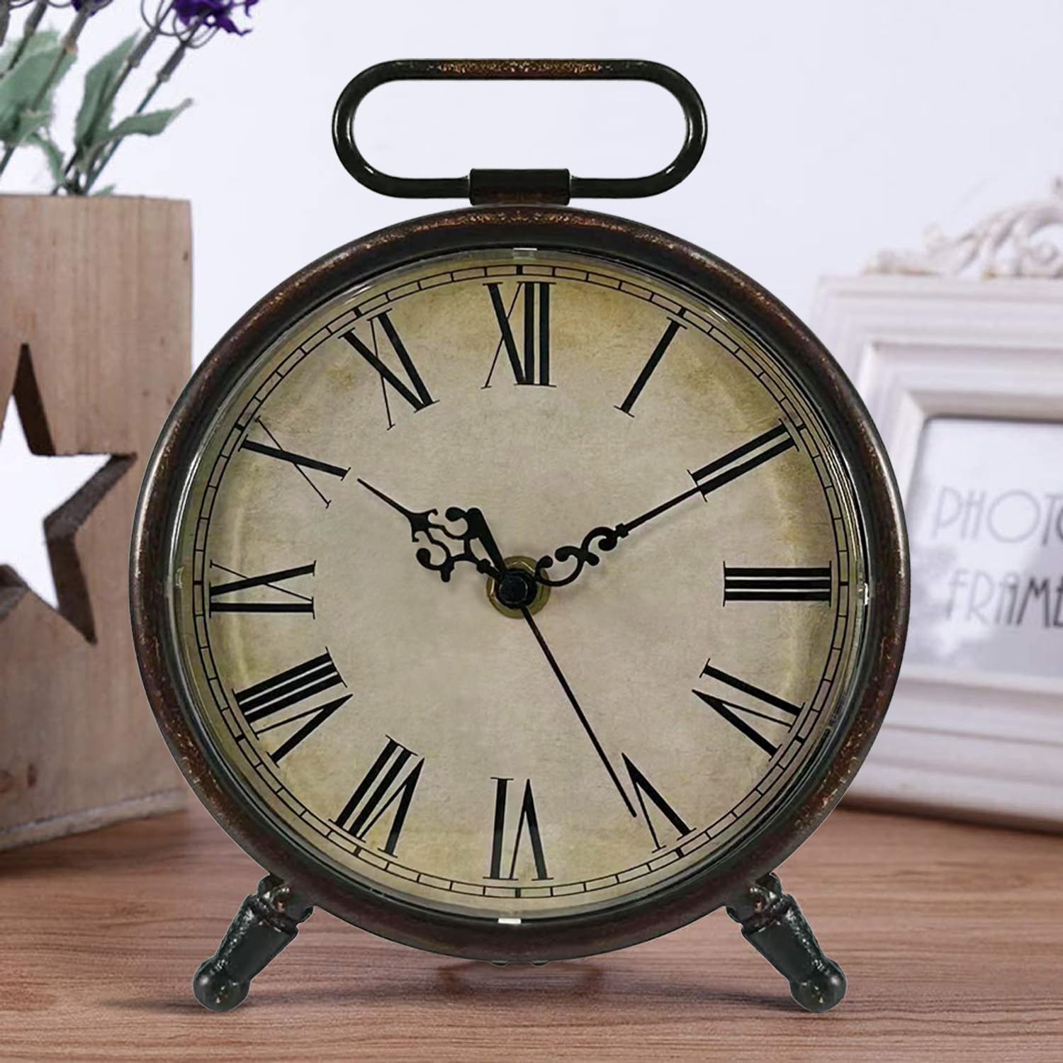 Vintage Desk Clock, 8 Inches Silent Non-Ticking Battery Operated Metal Table Top Clock for Bedroom, Living Room, Office, Shelf Decor (Brown)