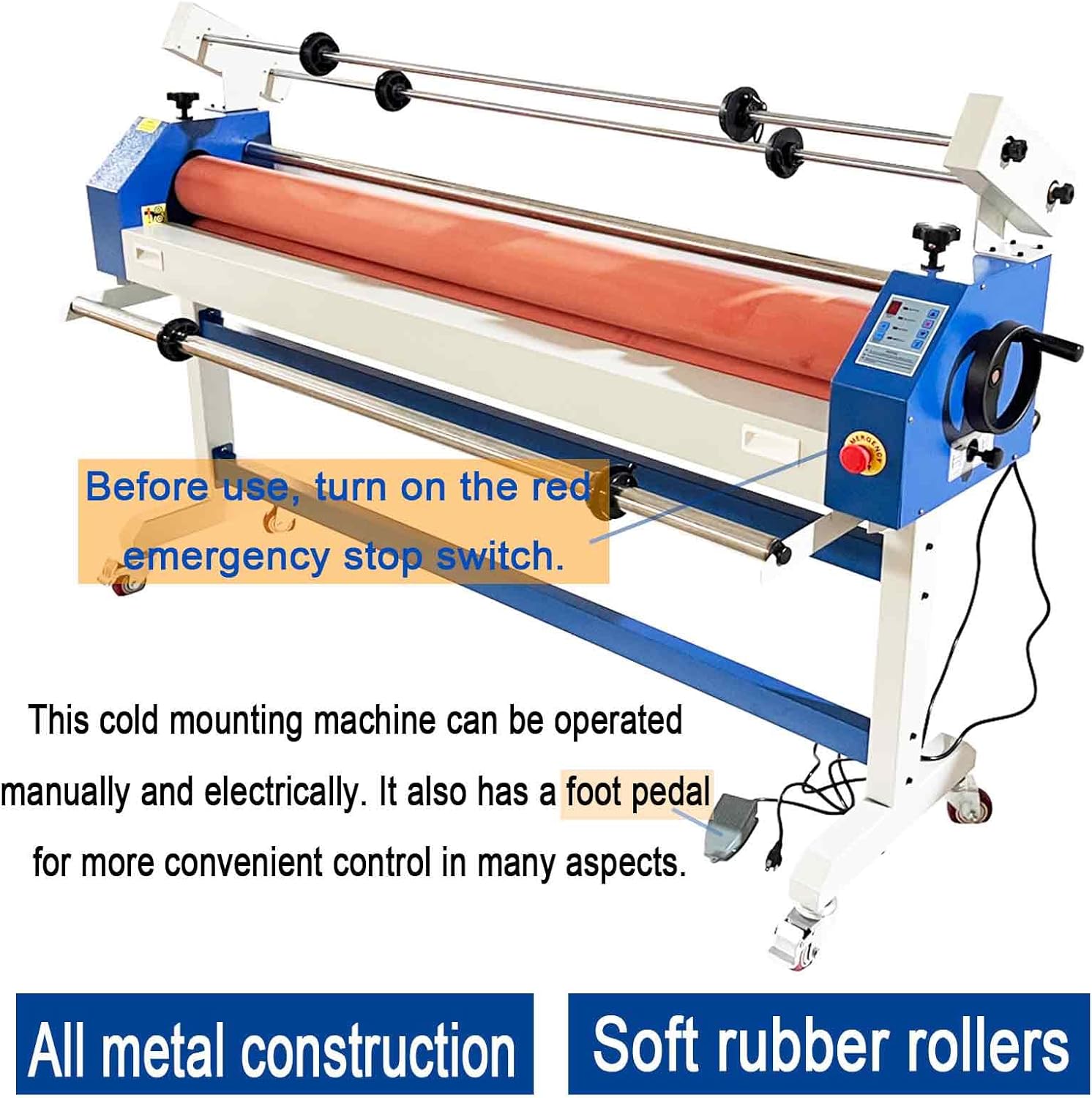 51in(1300mm) 110V Semi-auto Cold Laminating Machine with Soft Rubber Roller, Electric/Manual, Adjustable Speed Laminator with Foot Pedal, for Cold Mounting Photos