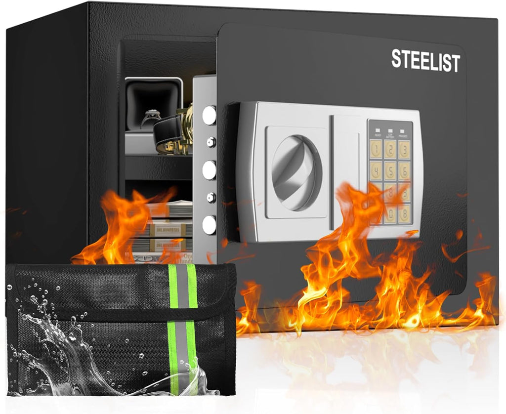 Safe with Key, 1.0 Cub Small Fireproof Safe, Safety Box with Shelf, Keypad Lock, Personal Safes for Dorm, Fire Proof Safes for Documents, Black Safety Box for Home, Wall Mountable