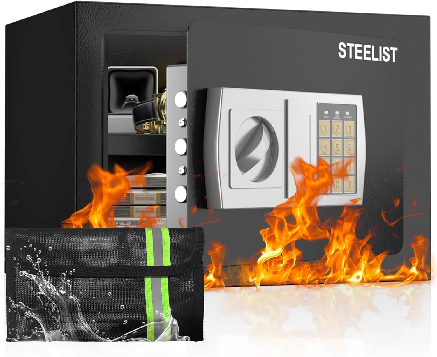 Safe with Key, 1.0 Cub Small Fireproof Safe, Safety Box with Shelf, Keypad Lock, Personal Safes for Dorm, Fire Proof Safes for Documents, Black Safety Box for Home, Wall Mountable
