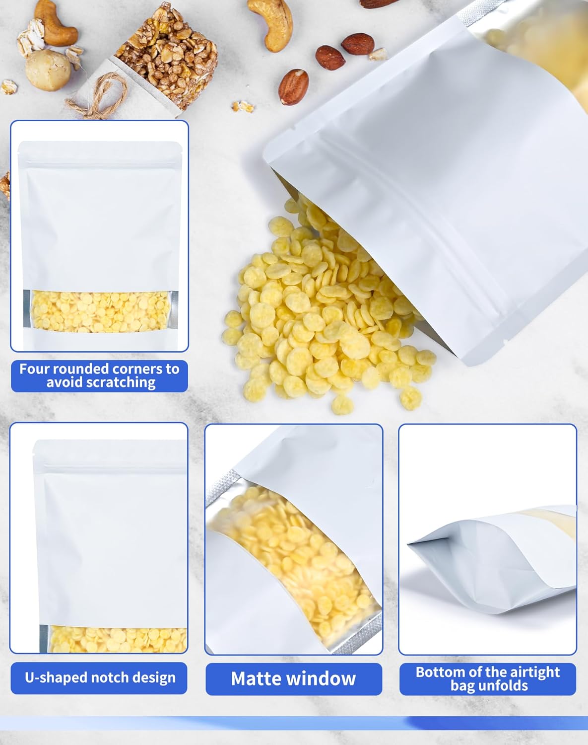 FireKylin 100 Pack Smell Proof Bags 7.1" x 10.2", Resealable Bags with Matte Window, Foil Pouch Stand Up Sealable Bags for Packaging（White）