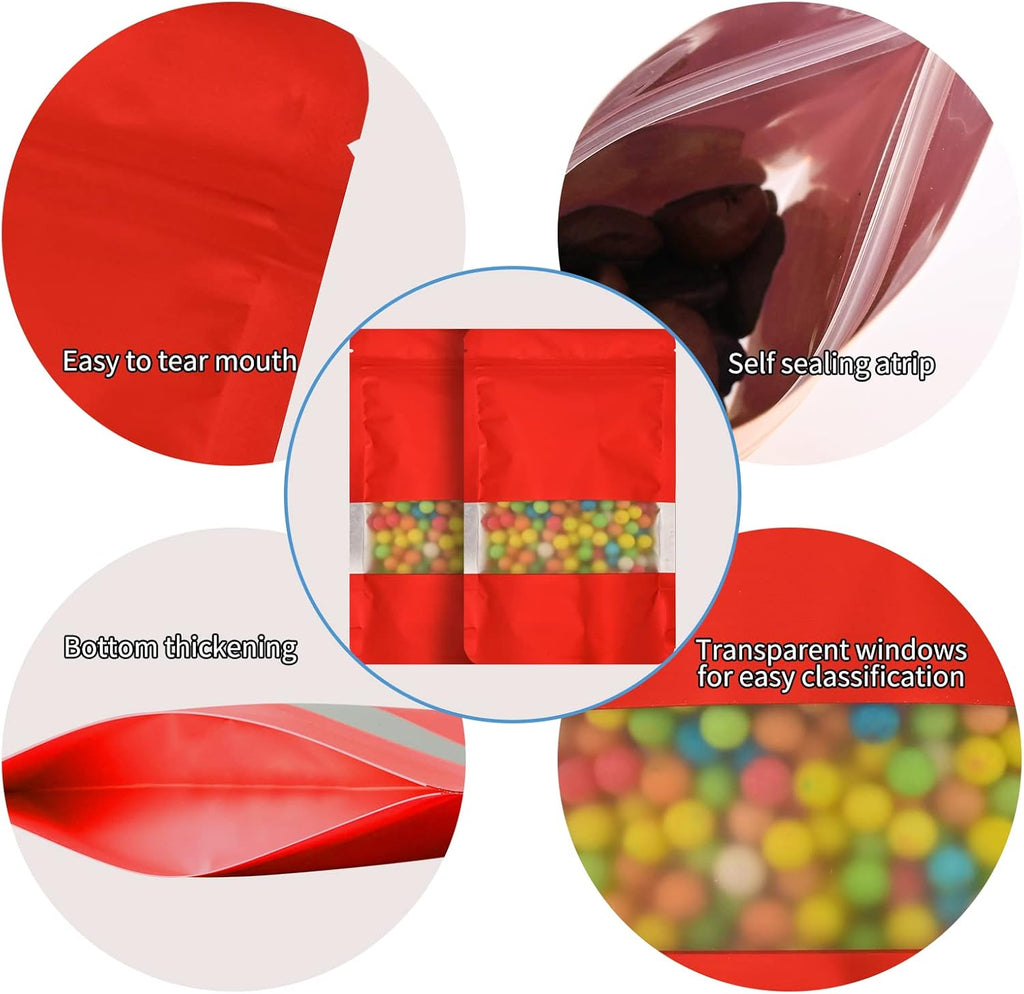 100 Pieces Smell Proof Mylar Bags, Resealable Food Storage Bags with Clear Window, Foil Pouch Stand-up Bags for Food Self Sealing Storage Supplies (Red, 3.5 x 5 Inch)