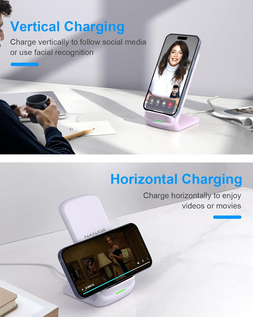 NANAMI Wireless Charger for Samsung and iPhone - 10W Fast Qi-Certified Induction Charger Stand for Galaxy S24/S23/S22/S21/S20/Note 20/10, Wireless Charging Stand for iPhone 17/17 Air/16/15/14/13/12