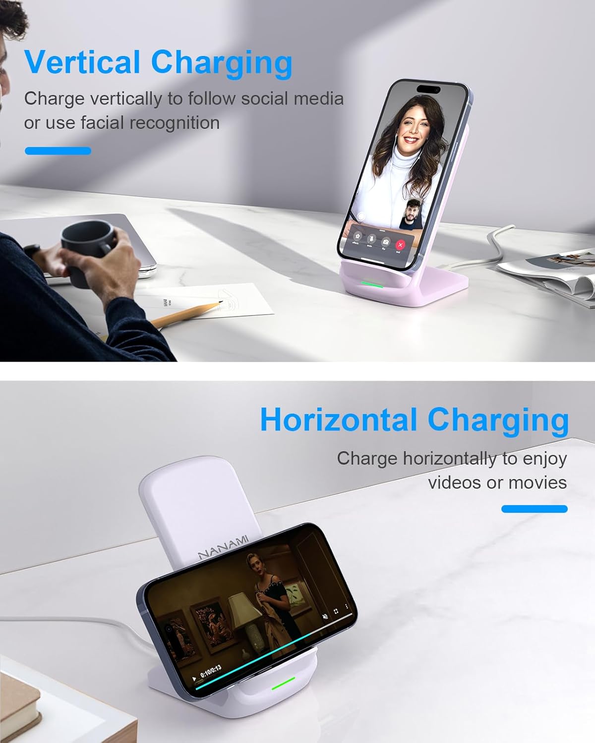 NANAMI Wireless Charger for Samsung and iPhone - 10W Fast Qi-Certified Induction Charger Stand for Galaxy S24/S23/S22/S21/S20/Note 20/10, Wireless Charging Stand for iPhone 17/17 Air/16/15/14/13/12