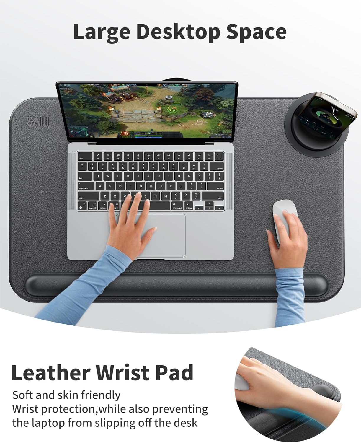 SAIJI Laptop Lap Desk - Fits Up to 17" Laptops, Lightweight Lap Tray Table Stand with Soft Leather Wrist Pad, External Monitor Holder, Lap Desk with Cushion for Home Office Working/Gaming On Couch