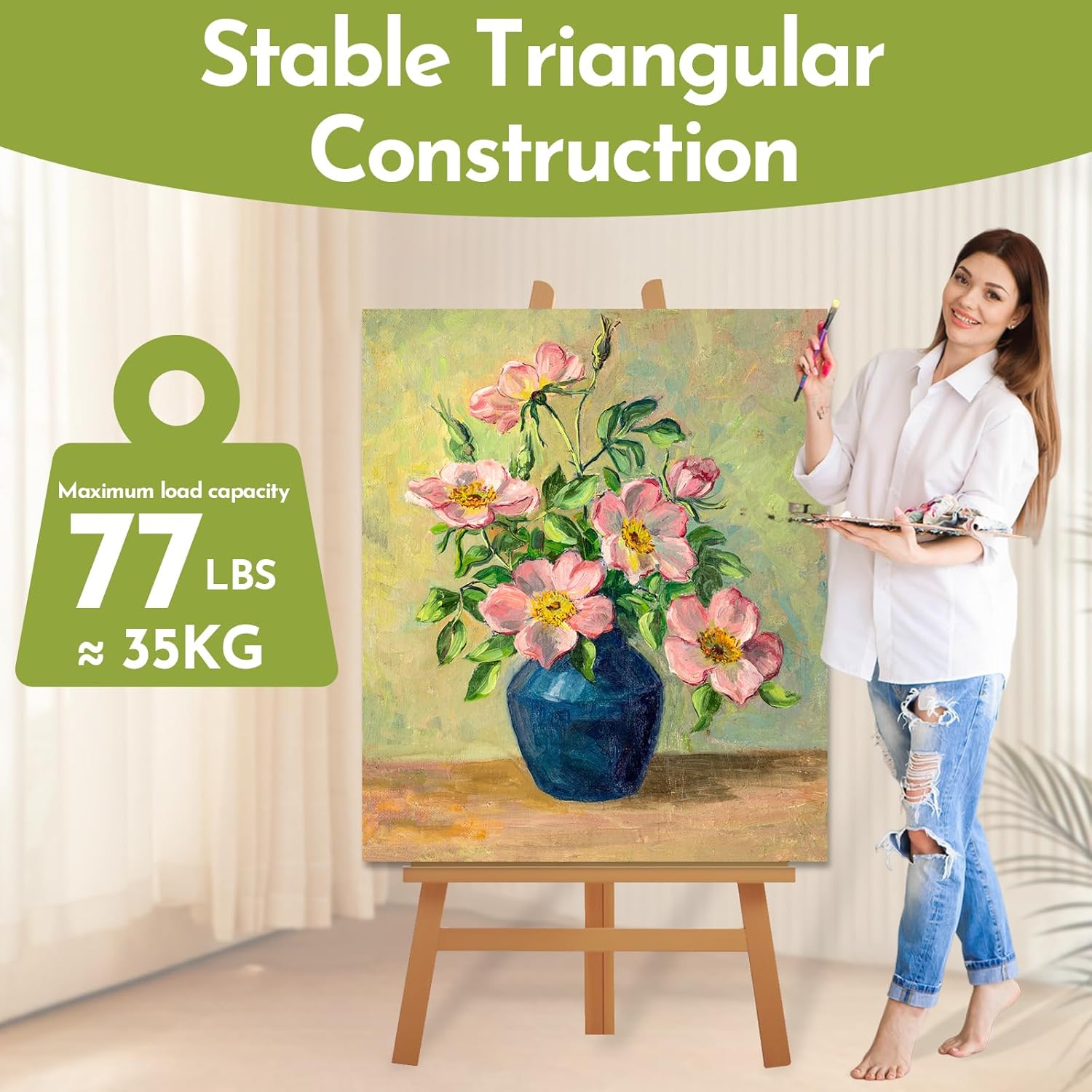 Heavy Duty A-Frame Wood Easel Stand - Adjustable Studio Easel Holds Large Canvas, Mirror, Wedding Sign Up to 90 Inches, Floor Display Easel for Artists & Events, Natural Beechwood