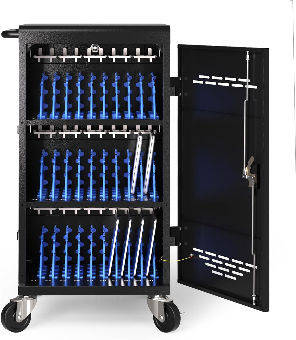 POCHAR 30 Unit Device Charging Station for Chromebook, iPad, 14'' Laptop - Charging Cart with Charger Cable Management, Circuit Breaker, Grounding Protection, Assembly Required