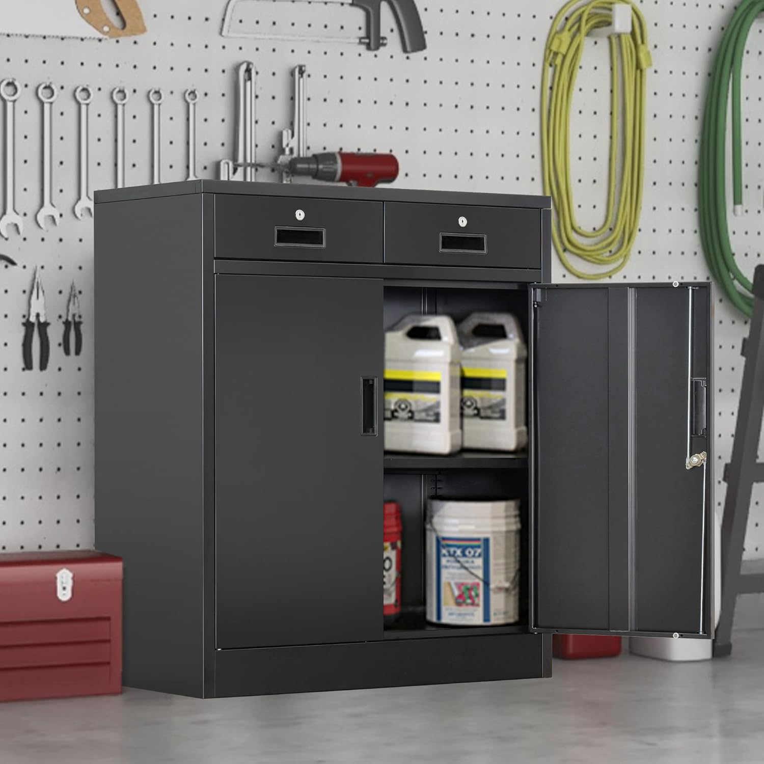 CMY Metal Storage Cabinet, Locking Storage Cabinet with Two Drawers, 36" H Steel Cabinets with Adjustable Shelf for Office, Garage, Home-Black