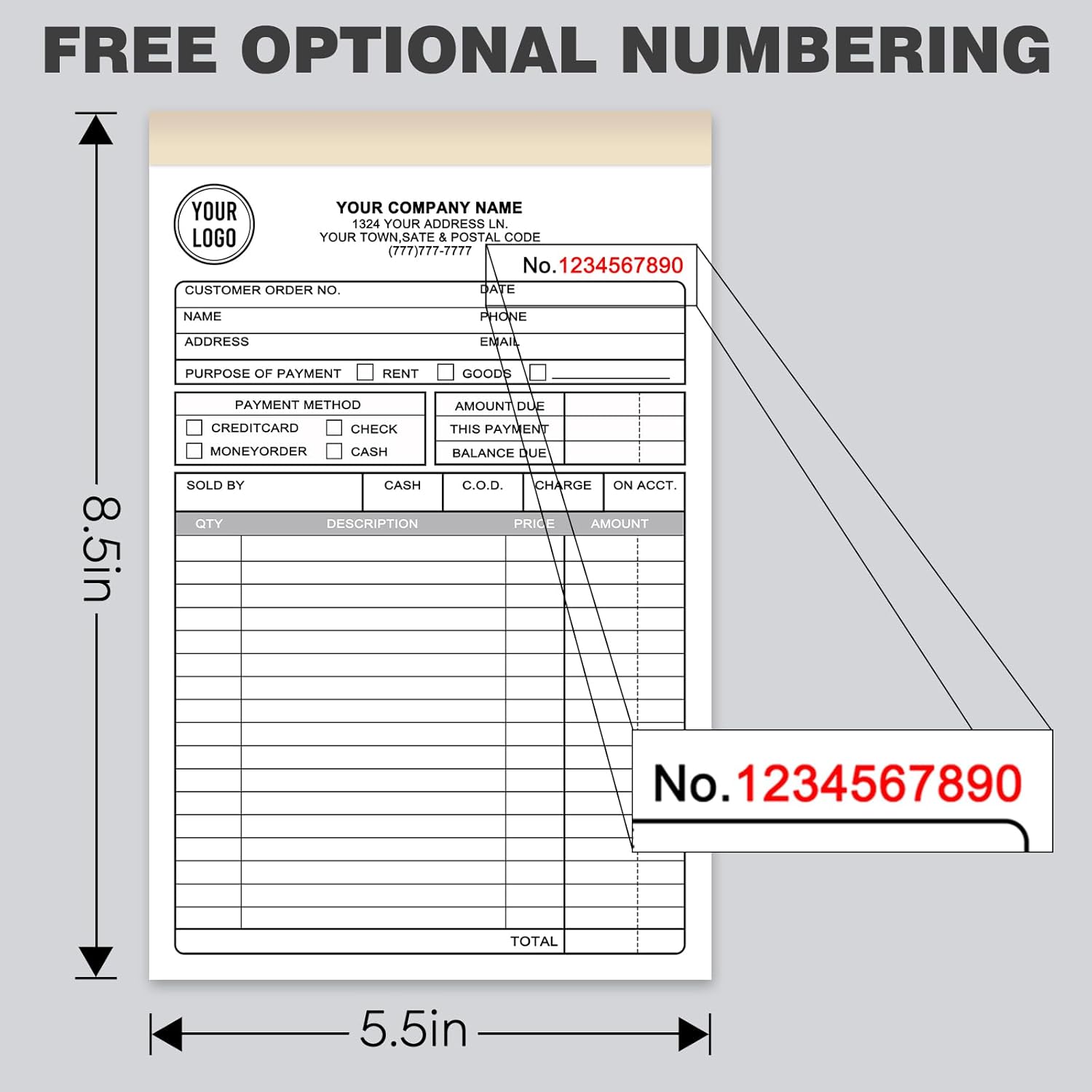 Custom Invoices Receipt Book for Small Business Personalized 3-Part Duplicate Carbonless Logo Receipt Books Sales Payment Forms with Company Name Address Phone Number 100 Sets5.5" x 8.5"