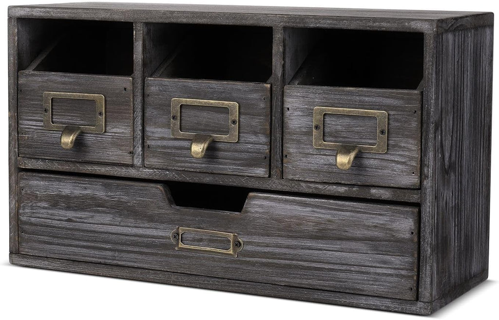 Flexzion Apothecary Cabinet with 4 Drawers - Vintage Rustic Wood Desktop Organizer for Home & Office Supplies - Tabletop Wooden Storage for Catalog, Card, Jewelry, Makeup, Craft & Tools