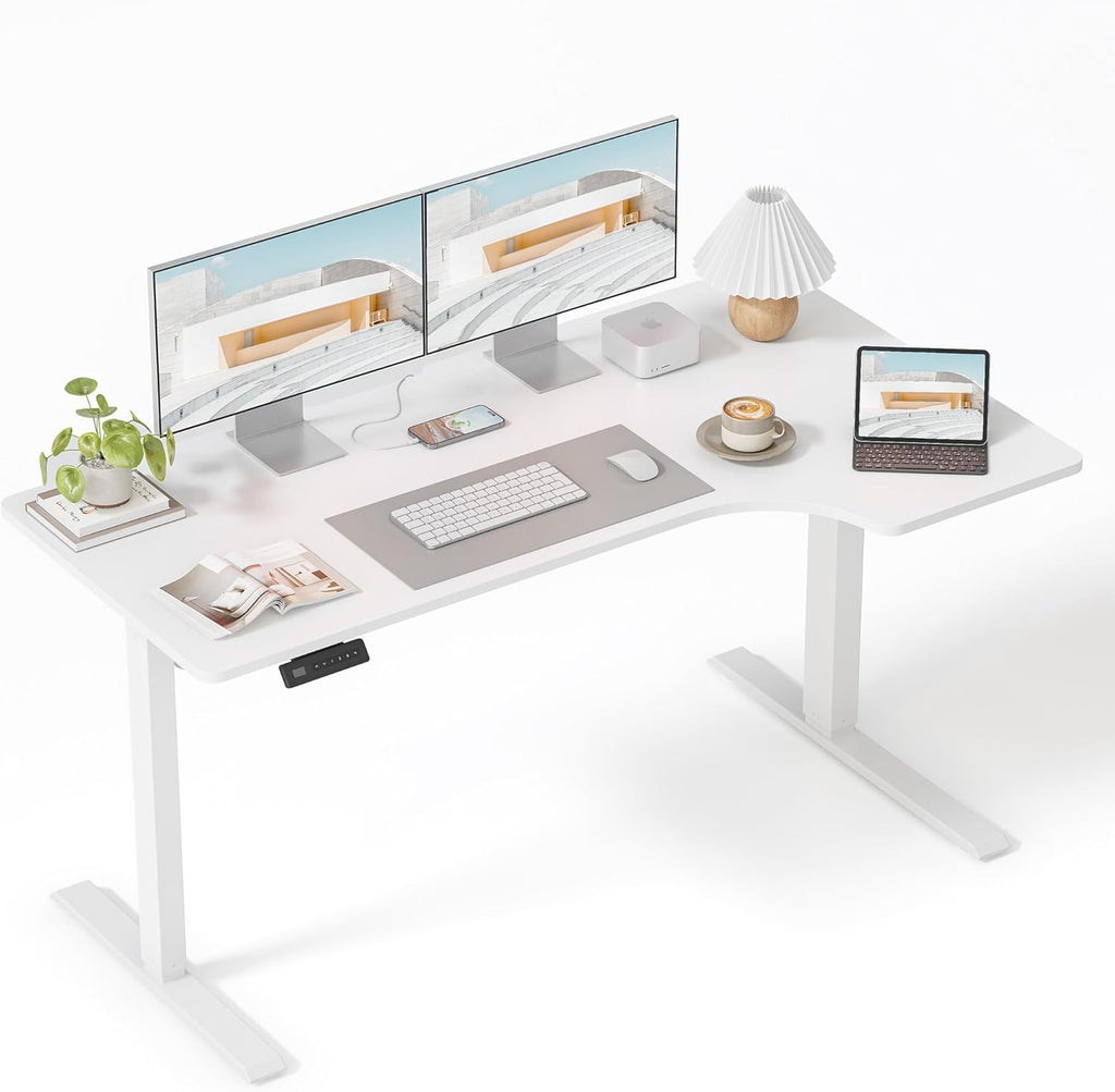 FEZIBO 55×32 inch L Shaped Electric Corner Standing Desk, 4 Memory Height Settings,Home Office & Computer Height Adjustable Table, Ergonomic Sit and Stand Up Workstation with Splice Board,White Top