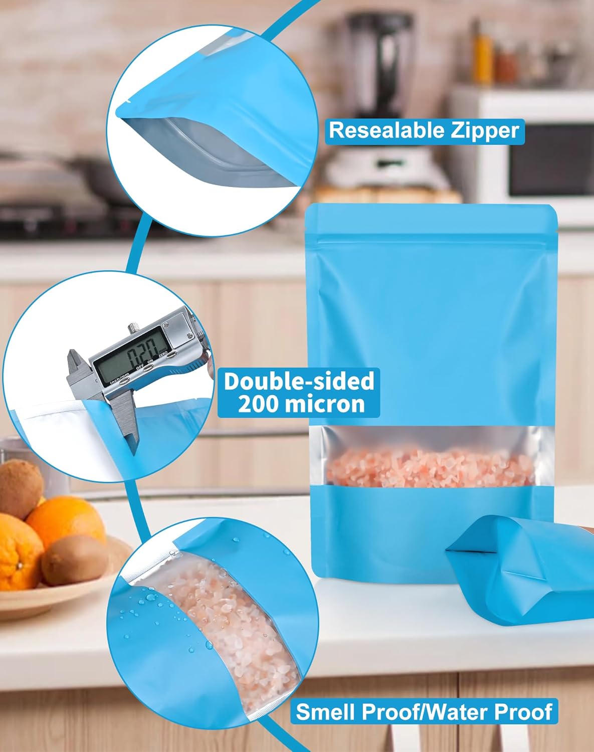 FireKylin 100 Pack Smell Proof Bags 6.3" x 9.4", Resealable Bags with Matte Window, Foil Pouch Stand Up Sealable Bags for Packaging（Blue）