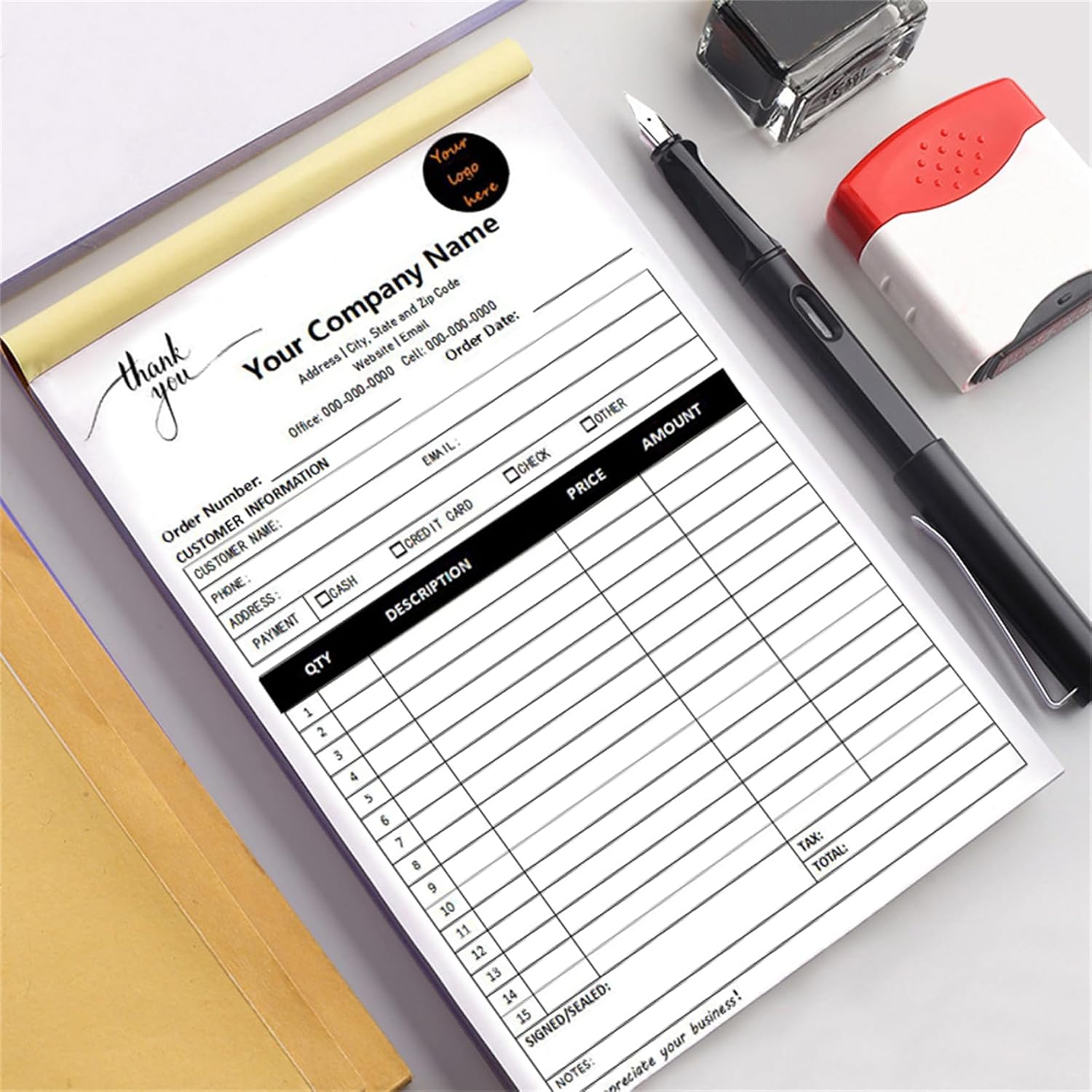 Custom Invoice Book in 3-Part /2-Part Receipt Book with Carbon Copies Personalized Carbonless Service Invoice Form Books Sales Order Book with Company Name Logo Address,C1-Thank You Receipt
