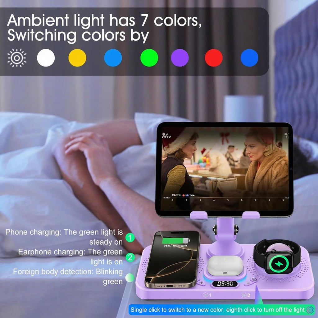 30W Charging Station for Apple Products, Foldable Wireless Charger with Clock Display&7 Color Light, Wired Charging for iPad/Tablet Charging Station for iPhone17, for Apple Watch10 for AirPods4(Purple