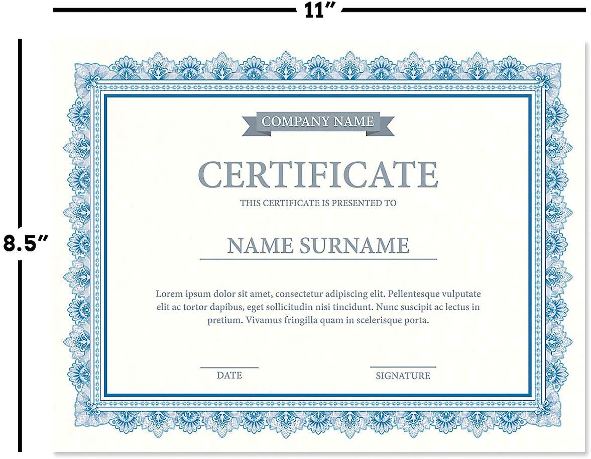 Intricate Blue & White Parchment Certificate Papers - Pack of 100, Laser & Inkjet Printer Compatible, For Office, Business Awards, Graduation, School Diplomas, 8-1/2" x 11" on 60 lb. Text Stock