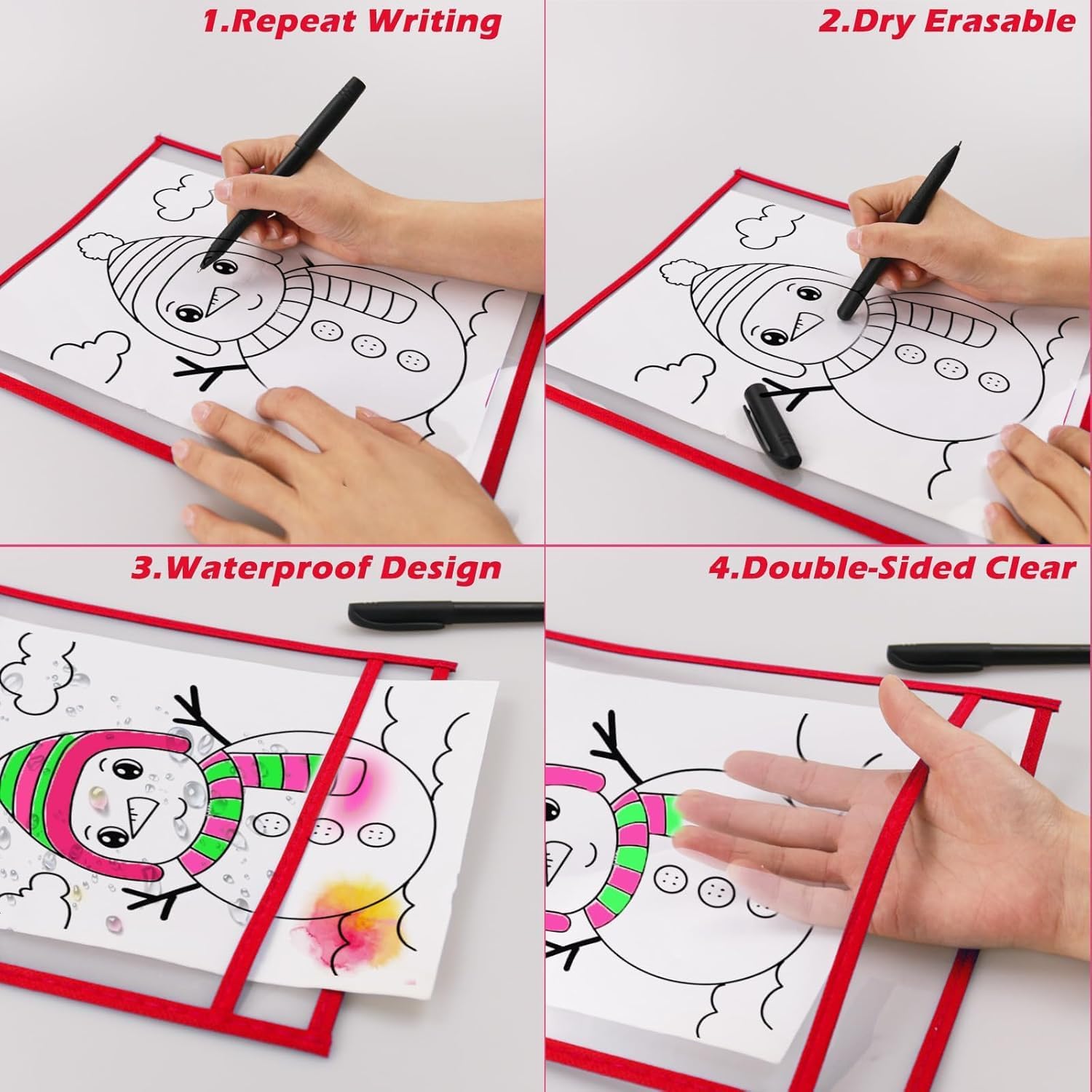 60 Packs Dry-Erase Pockets Bulk Oversized Reusable Dry Erase Pocket Sleeves with 4 Rings, 12 Assorted Colors 10x14 Ticket Holders, Clear Plastic Sheet Protectors, Teacher School Classroom Supplies